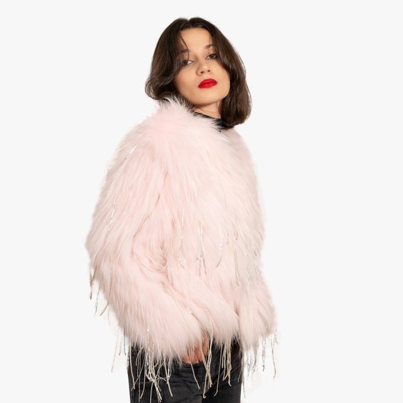 Pink Rabbit Fur Coat With Sequins - Picture 3 of 5